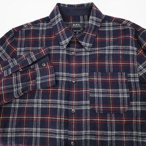 APC shirt mens medium Wool blend long sleeve button up plaid blue preppy check